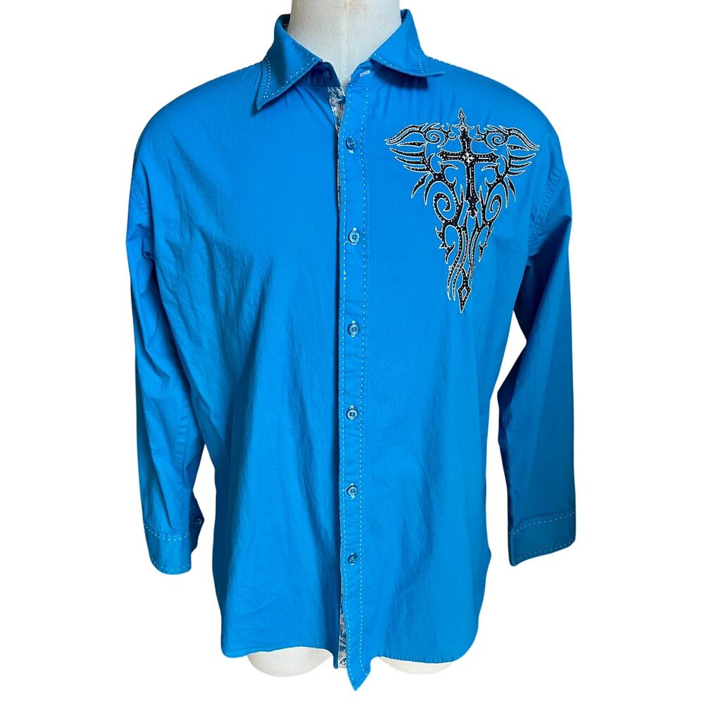 Victorious y2k cross and wings rhinestones blue buttondown shirt size 2XL